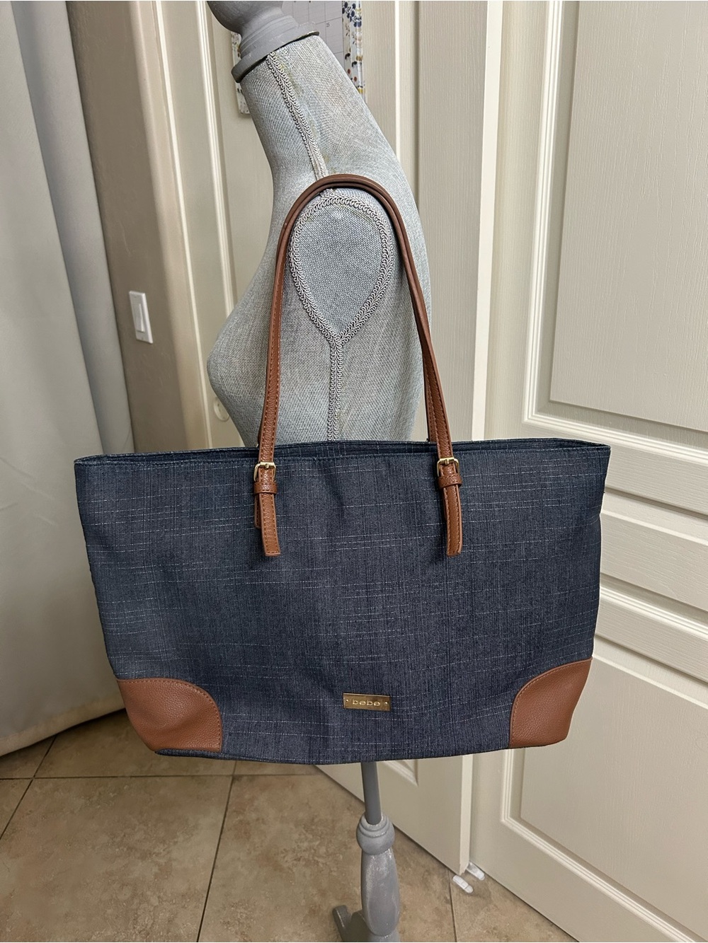 bebe Dark Blue Denim Tote with Brown Trim